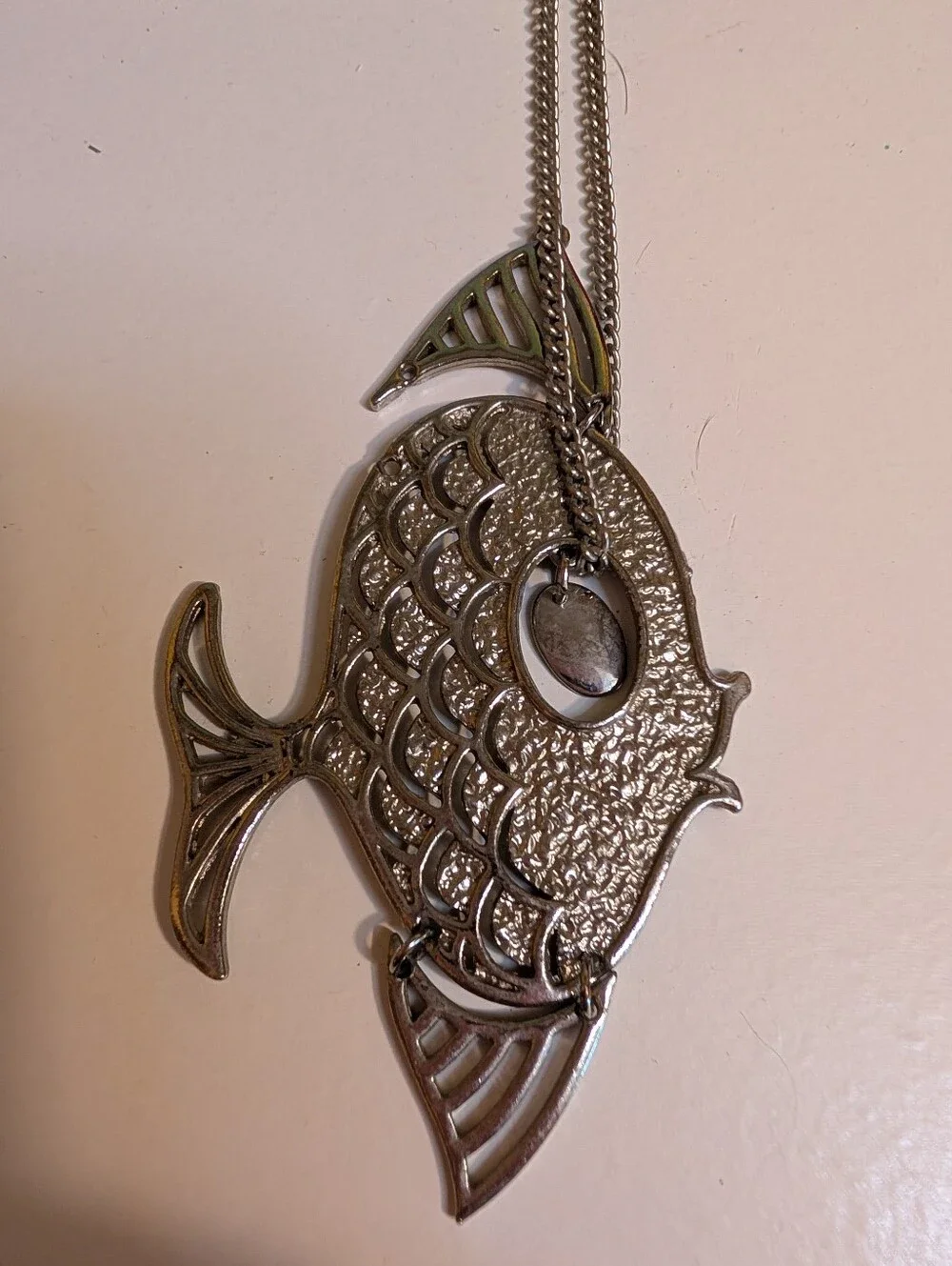 Vintage Silver Tone Articulated Fish Pendant Necklace Statement Piece